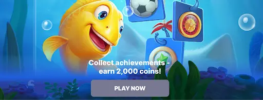 Ein fröhlicher gelber Fisch blickt auf schwebende blaue Kärtchen mit Symbolen wie einem Fußball, einem Roulette-Rad und einem grünen Stern. Text im Vordergrund: „Collect achievements – earn 2,000 coins!“.
