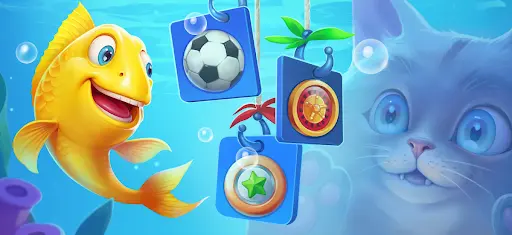 Eine fröhliche gelbe Fischfigur beobachtet drei blaue Kärtchen mit Symbolen – einem Fußball, einem Roulette-Rad und einem grünen Stern –, die an Haken im Wasser hängen. Im Hintergrund ist eine neugierige Katze zu sehen.