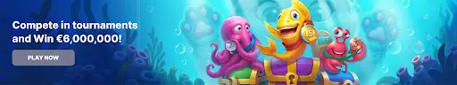 Eine fröhliche Unterwasserszene mit einem gelben Fisch, einem rosa Oktopus und einem roten Krebs, die auf Schatzkisten sitzen und Medaillen für den ersten, zweiten und dritten Platz halten. Links steht der Text „Compete in tournaments and win €6,000,000!“.