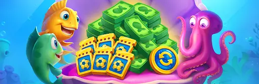 Eine fröhliche gelbe und grüne Fischfigur betrachtet einen großen Stapel grüner Geldscheine und Spielkarten mit Fußballsymbolen, während ein violetter Oktopus daneben sitzt. Alles spielt sich in einer bunten Unterwasserwelt ab.