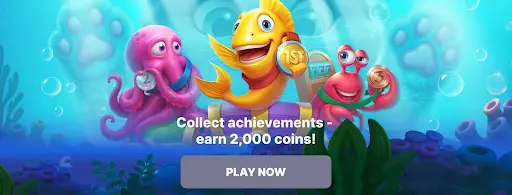Ein fröhlicher gelber Fisch hält eine Goldmedaille mit der Aufschrift „1st“, flankiert von einem rosa Oktopus mit einer Silbermedaille und einem roten Krebs mit einer Bronzemedaille. Unter ihnen steht der Text „Collect achievements – earn 2,000 coins!“ mit einem Button „Play Now“.