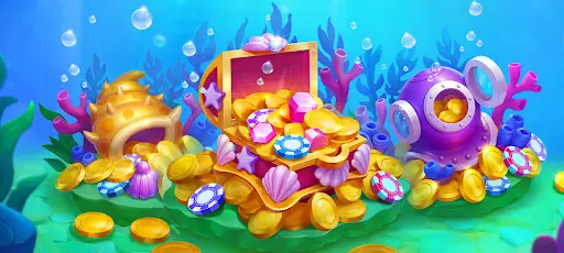 Ein farbenfroher Unterwasser-Schatz mit einer offenen Truhe voller Goldmünzen, Edelsteine und Pokerchips. Daneben liegen eine große Muschel und ein alter Taucherhelm, ebenfalls gefüllt mit glänzenden Münzen.